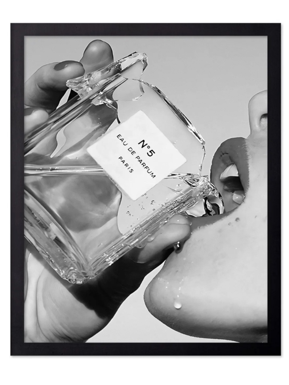 Drinking Chanel perfume bottle poster - with black frame - size: 16x20 inches